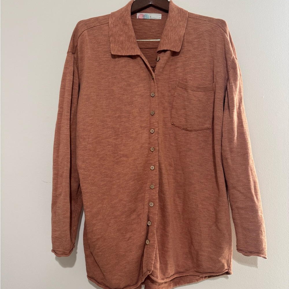 Free People Beach Linen Blend Button Up Tunic Heather Orange Women Medium Rust